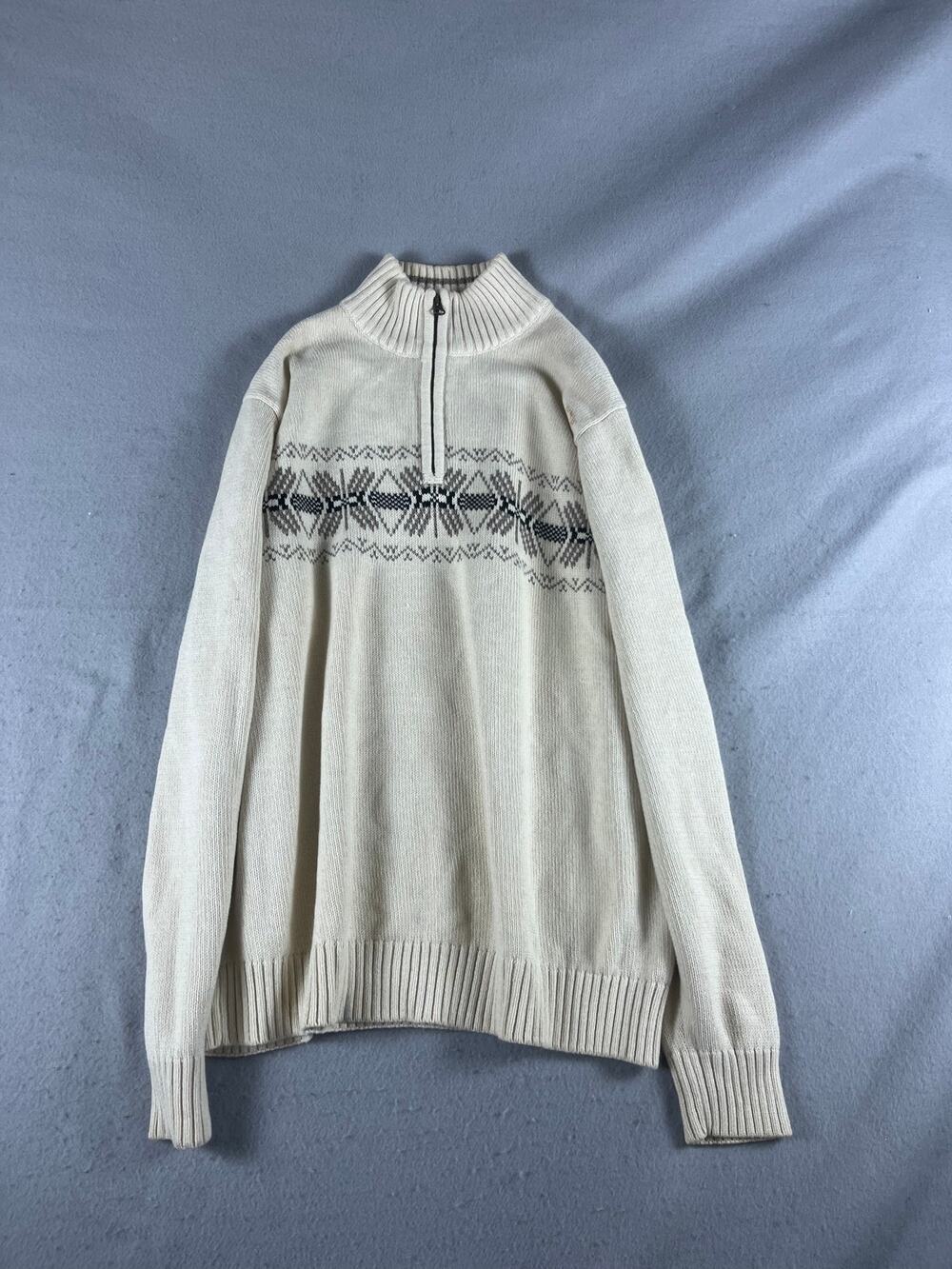 Dockers Sweater Mens L Cream 1/4 Zip Mock Neck Fair Isle Nordic Knit Pullover